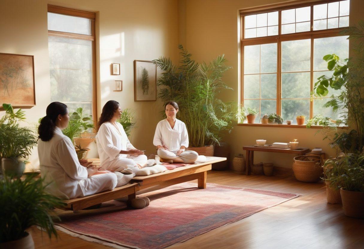 A serene scene depicting a diverse group of healthcare practitioners, including an acupuncturist, nutritionist, and counselor, collaboratively discussing holistic therapies in a tranquil, sunlit room surrounded by plants and soft textures. In the foreground, illustrations of healing practices such as aromatherapy and meditation are intertwined with empowering support from patients, emphasizing a nurturing and inclusive atmosphere. The image should evoke warmth, hope, and balance. vibrant colors. soft focus.