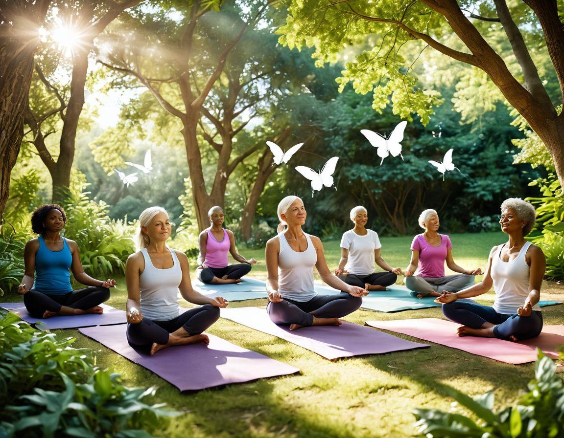 A serene and hopeful landscape depicting a diverse group of cancer survivors engaging in wellness activities like yoga and meditation, surrounded by lush greenery and soft sunlight filtering through trees. Vibrant symbols of strength such as butterflies and doves flutter among them, signifying transformation and hope. The atmosphere radiates positivity and community support. super-realistic. vibrant colors. soft focus.