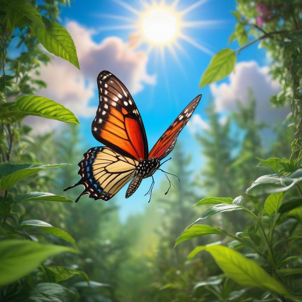 A powerful symbol of hope and resilience, featuring a vibrant butterfly emerging from a chrysalis against a backdrop of lush greenery and soft sunlight. Surround the butterfly with imagery representing wellness, like yoga poses, fruits, and supportive community symbols. Include elements like a serene blue sky and gentle clouds to evoke peace. The scene should feel uplifting and transformative, portraying the journey from illness to empowerment. super-realistic. vibrant colors. soft focus.
